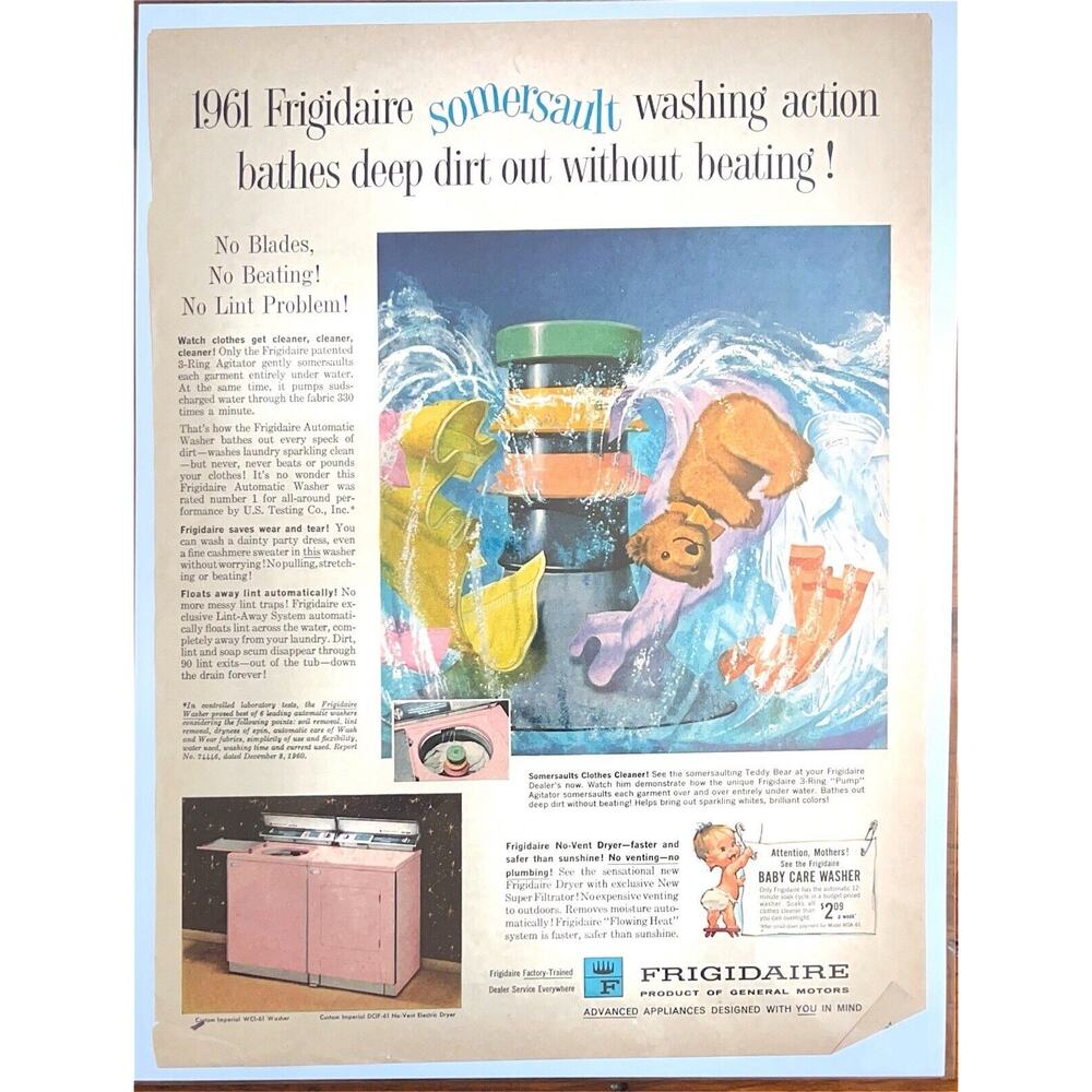 Vintage Pink Frigidaire Laundry Machines Somersault Print Ad 1960s MCM